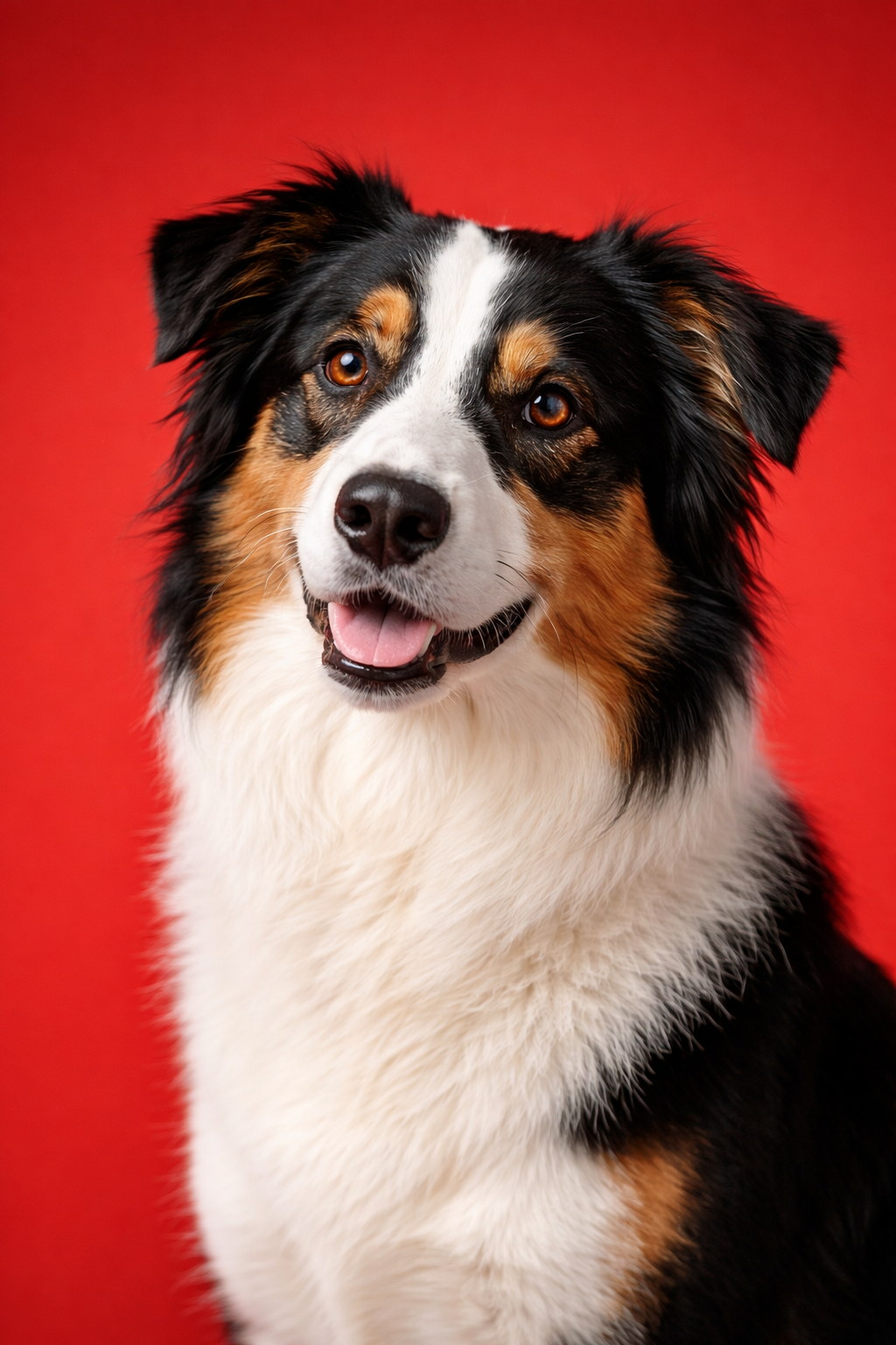 Australian shepherd portrait on a red background for pet and owner styling guide